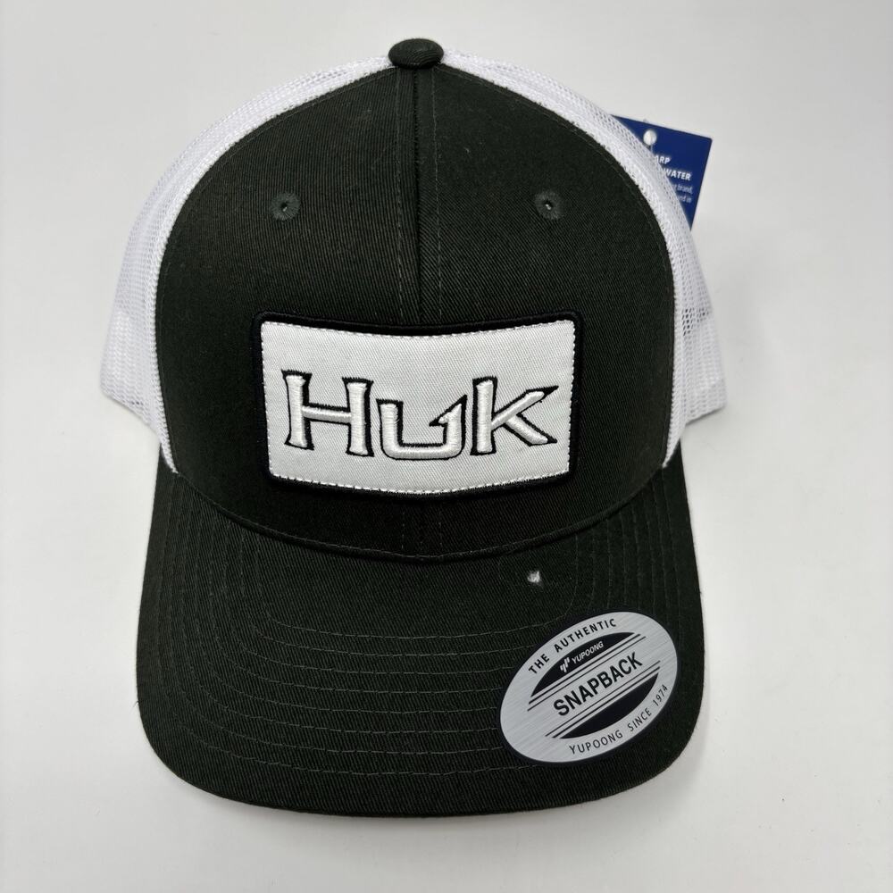 Huk Hat Cap Snap Back Dark‎ Green White Mesh Trucker Patch Fishing Embroidered
